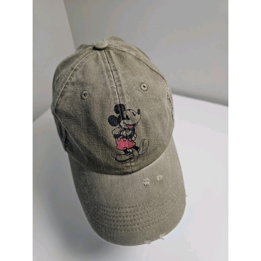 Mickey Mouse Disney Olive Green Twill Distressed Adjustable Hat Ball Cap